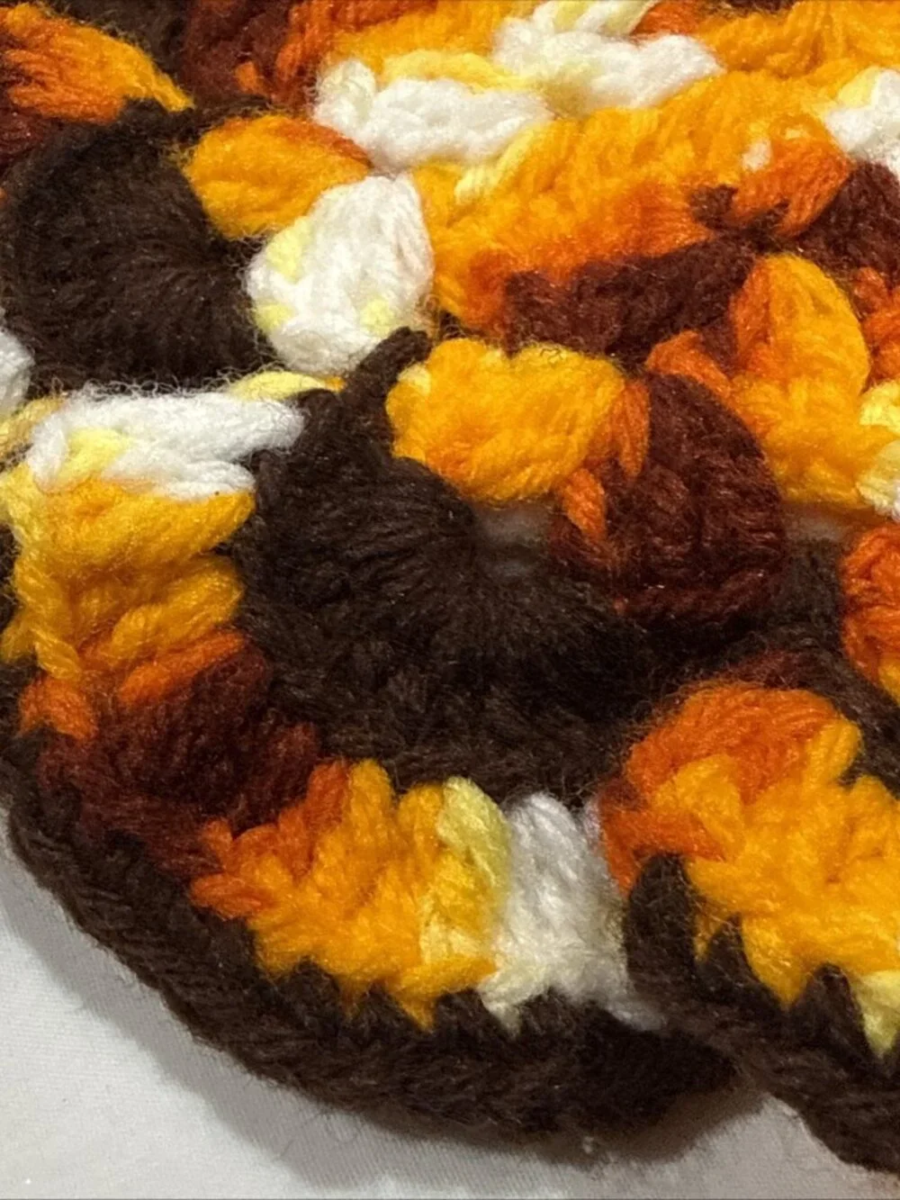 Vtg MCM 70’s Handmade Crochet Knitted Round Pot Holder Orange Brown Yellow 9.5'